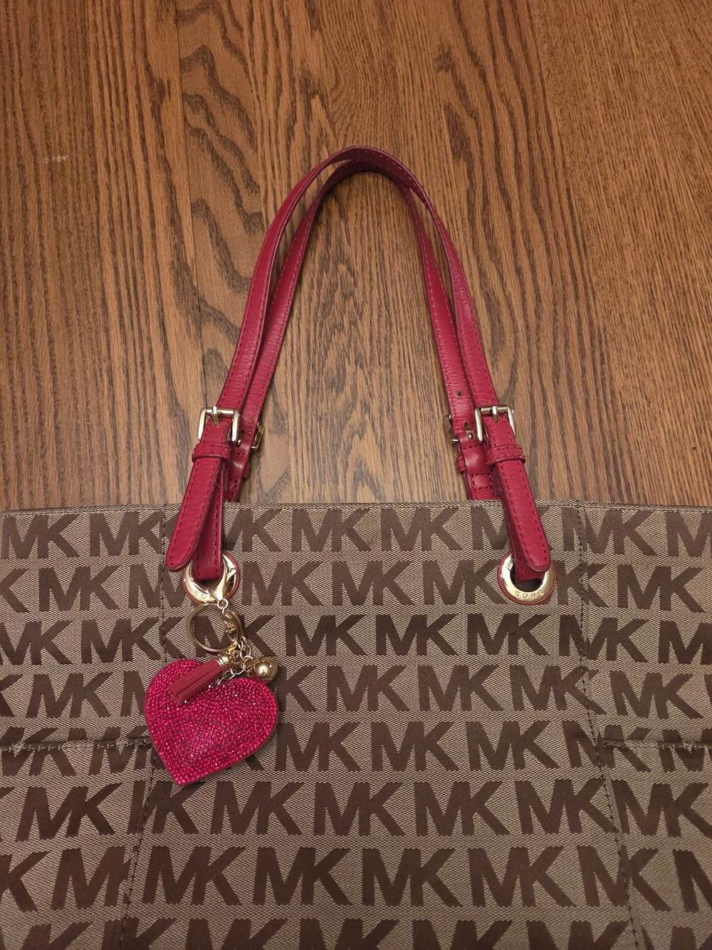 Michael Kors Brown MK Signature Tote with Red Handles